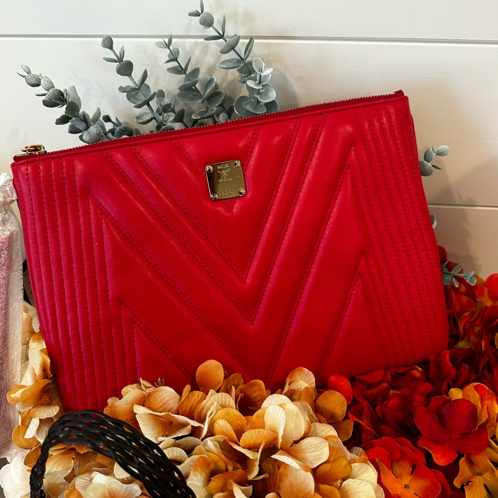 MCM Ruby Red pouch bag purse clutch wristlet